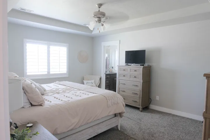 Tray ceiling with ceiling fan, dual windows with plantation shutters, light-toned wall paint, and textured carpeting