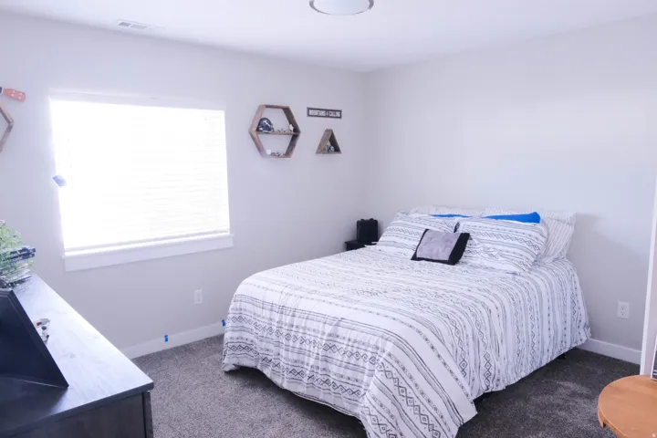 Neutral wall paint, carpet flooring, window with blinds, and ceiling-mounted light fixture