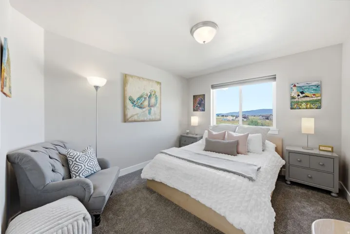 Bright interior featuring a window with a mountain backdrop, ceiling-mounted light fixture, and textured carpet flooring