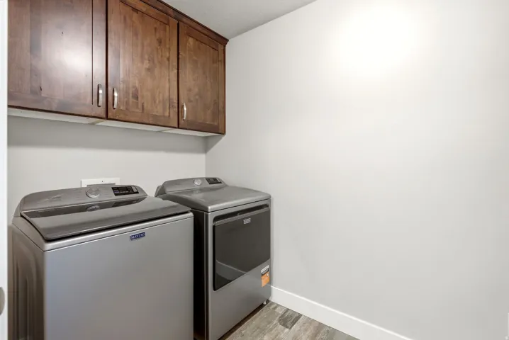 Built-in wood-finish cabinetry, light-toned walls, and wood-finish flooring