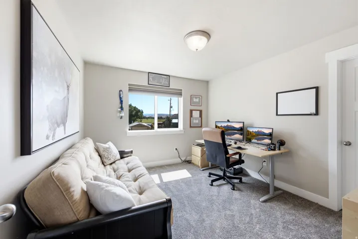 Neutral wall paint, carpet flooring, a window with exterior scenery, a white interior door, and a flush mount ceiling light