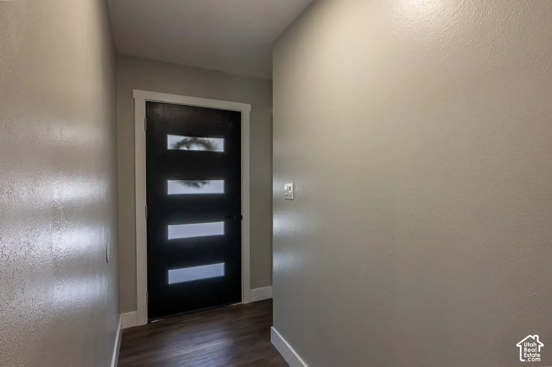 Modern black door with frosted glass panels, white trim, wood-finish flooring, and light-toned wall finishes