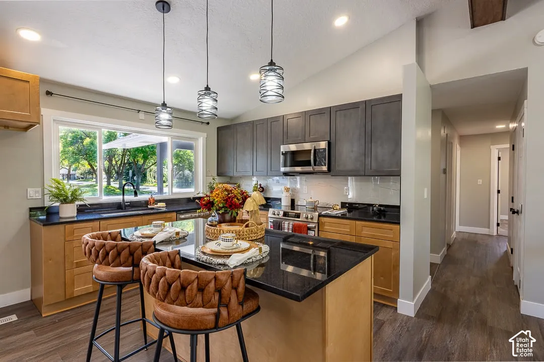 Kitchen featuring a center island, stainless steel appliances, dark countertops, wood-finish flooring, and pendant lighting