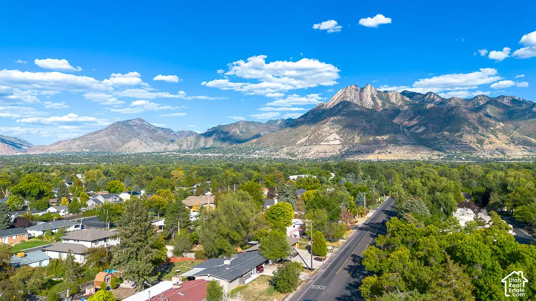 Expansive neighborhood featuring mature trees, residential properties, and a prominent mountain range backdrop