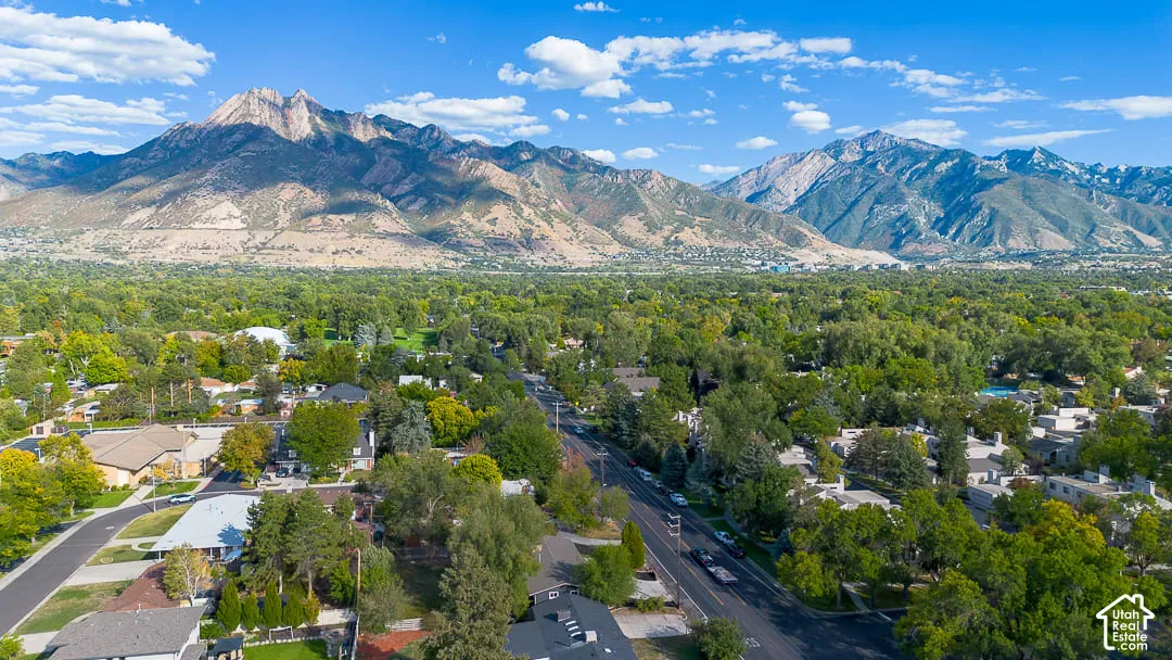 Expansive mountain scenery framing a residential area with lush tree coverage and paved roadways
