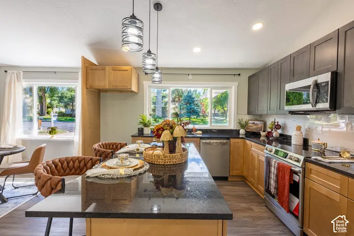 Kitchen featuring dark granite countertops, stainless steel appliances, wood-finish flooring, two-tone cabinetry, and pendant lighting