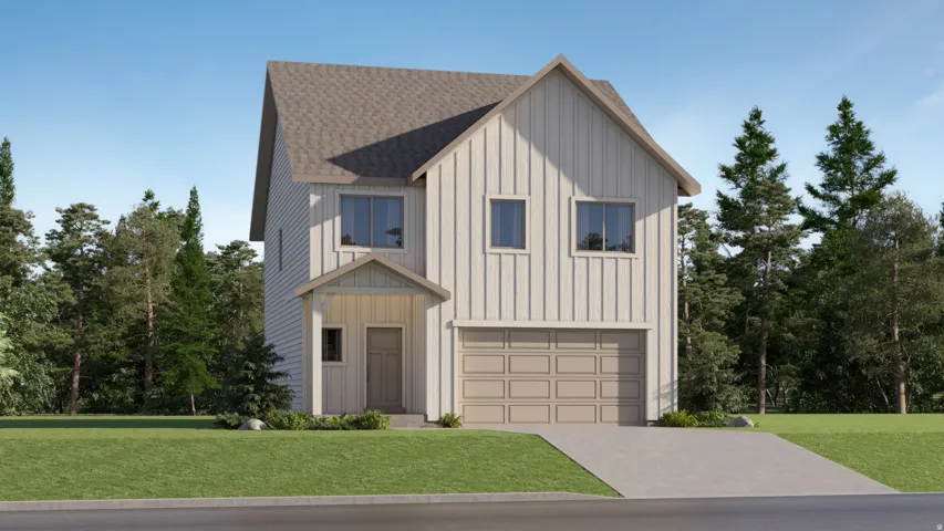 Modern two-story residence featuring a pitched gable roof with architectural shingles, vertical board-and-batten siding in neutral tones, and a two-car garage with paneled doors