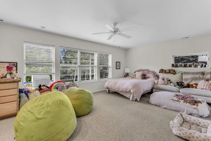 Spacious bedroom suite with multiple large windows providing natural light, neutral carpet flooring, and a ceiling fan