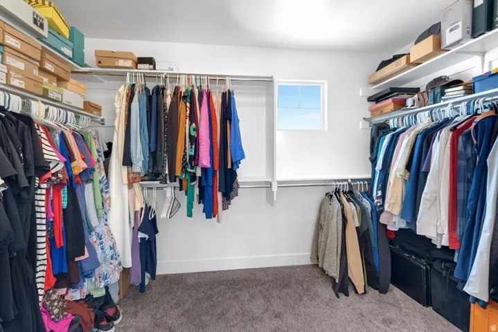 Walk-in closet featuring extensive built-in shelving, multiple hanging rods, and a window