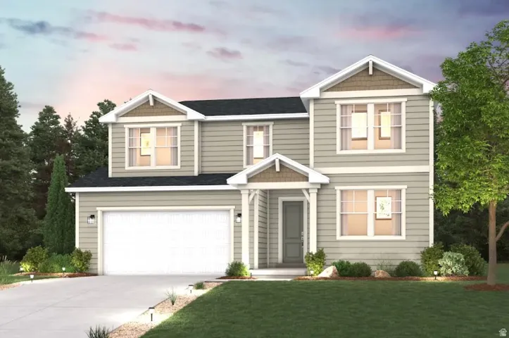 Two-story exterior with light gray siding, white trim, and dark shingle roofing