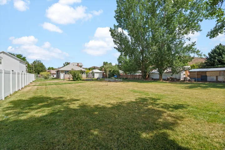 Expansive grassy yard with a white vinyl privacy fence and mature trees