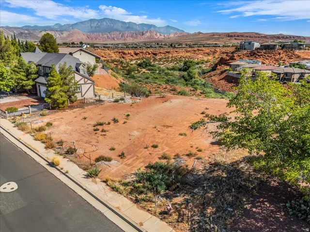Expansive vacant lot featuring a paved roadway, existing curb, and a level building area with natural desert vegetation