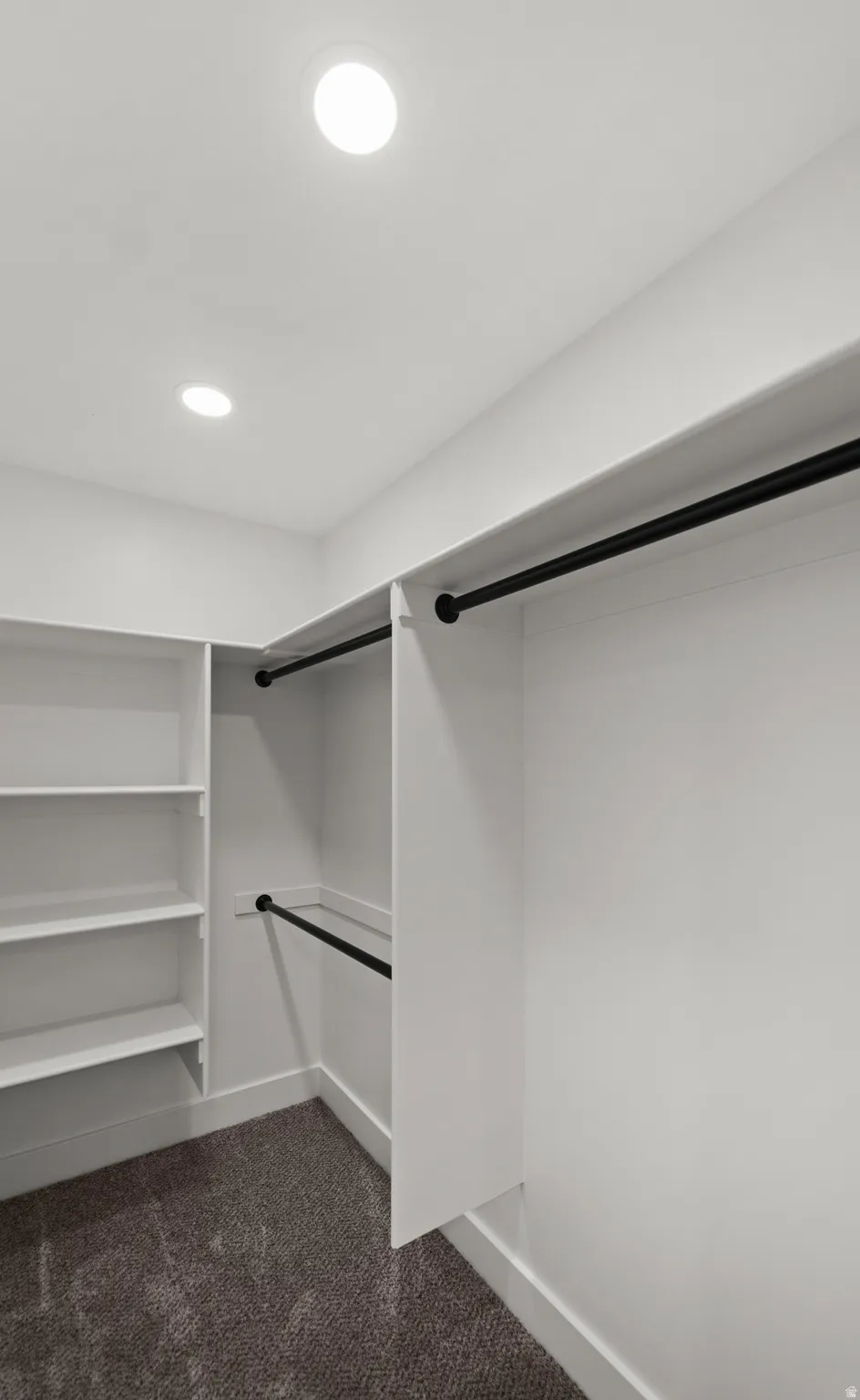 Integrated shelving system, multiple hanging rods, recessed ceiling lighting, and carpeted flooring