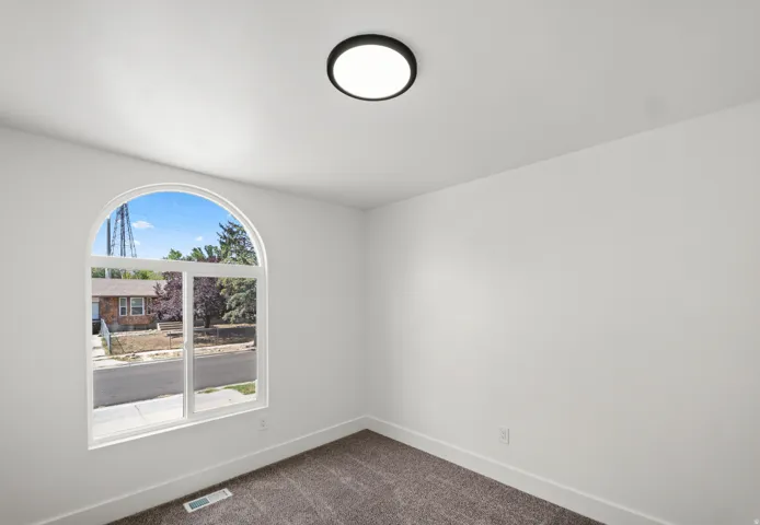 Arched window with street scenery, white walls, dark carpet flooring, and a flush-mount ceiling light fixture