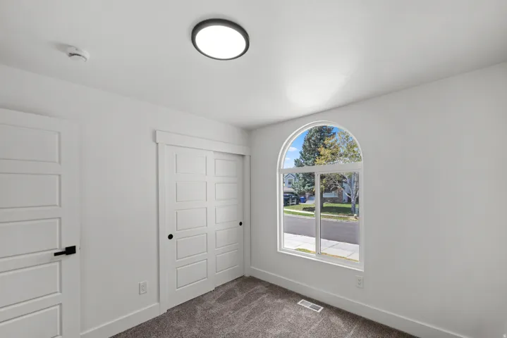 Arched window, neutral wall paint, flush mount ceiling light, sliding closet doors, and dark carpet