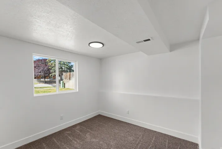 Recessed ceiling light fixture, white painted walls, white trim, and light brown carpeting