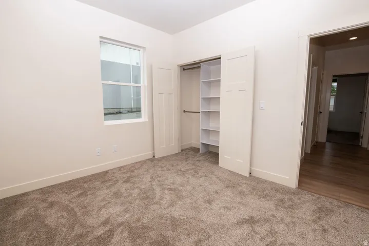Plush carpeting, a double-door closet with built-in shelving, and a dual-pane window