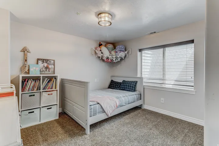 Carpeted room featuring a white-framed window with blinds, a built-in ceiling light fixture, and light-colored walls