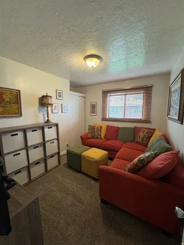 Textured ceiling, wall-to-wall carpeting, and a window with blinds