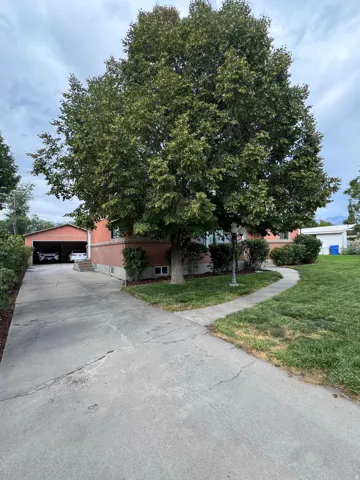 Single-story property with a red-orange exterior and brick foundation, featuring a substantial shade tree