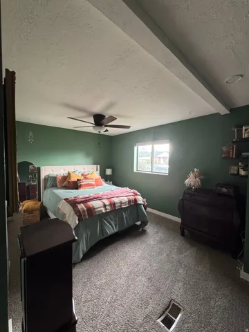 Recessed ceiling lighting, ceiling fan, carpet flooring, window, and built-in shelving