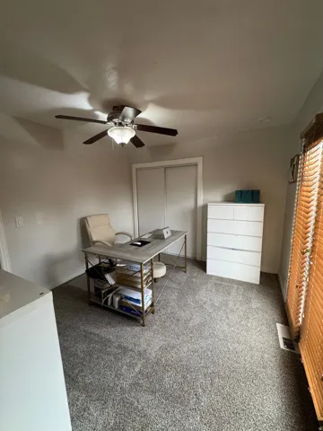 Textured gray carpeting with a ceiling fan light fixture and a sliding door closet
