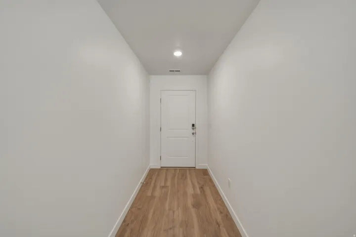 Recessed ceiling lighting, wood-finish flooring, and a paneled door with contemporary hardware