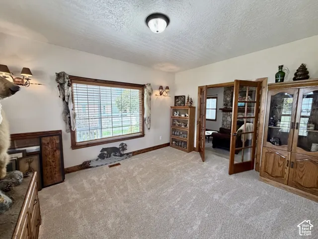 Spacious room featuring light-colored carpeting, French doors with glass panes, wood-trimmed window, and recessed ceiling light