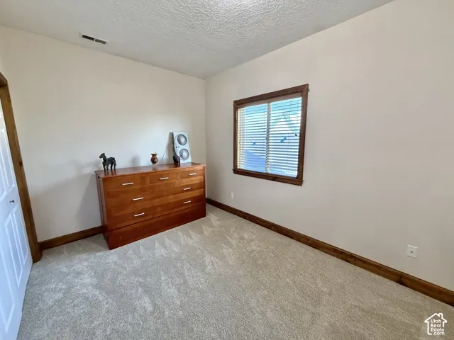 Neutral wall color, light-toned carpeting, window with wood-finish trim, wood-finish baseboards, and a white bi-fold door