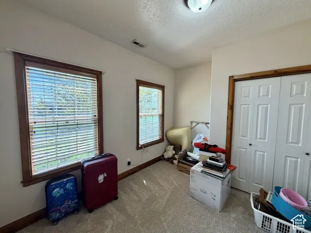 Carpeted room with a flush-mount ceiling light, dual windows with wood trim, and a bi-fold closet with wood trim