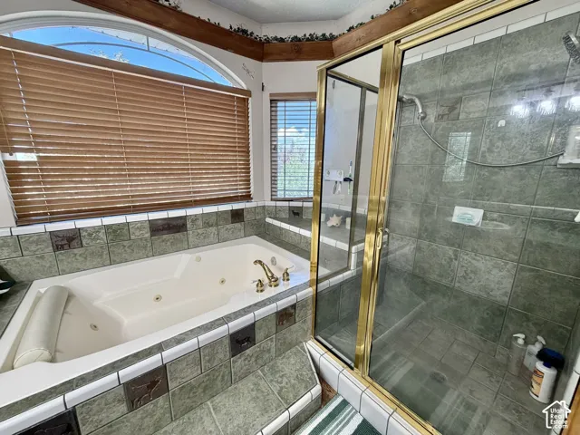 Jetted tub with brass fixtures, tile surround, and a walk-in shower with a brass-framed glass enclosure