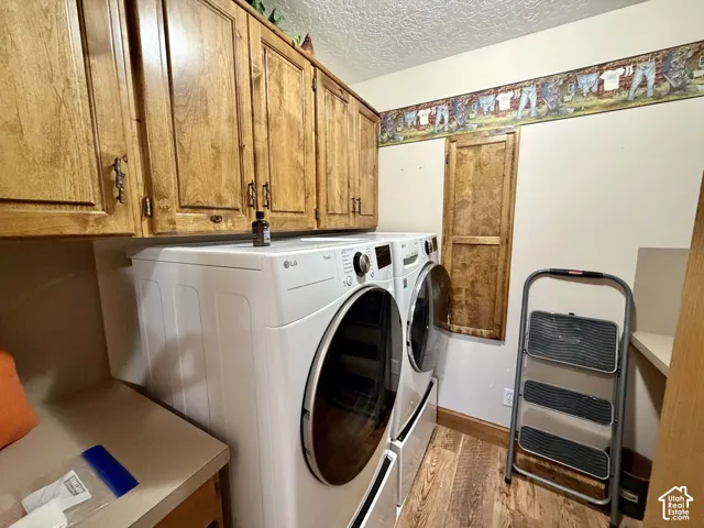 Wood-finish flooring, built-in upper cabinetry, and a countertop provide functional utility