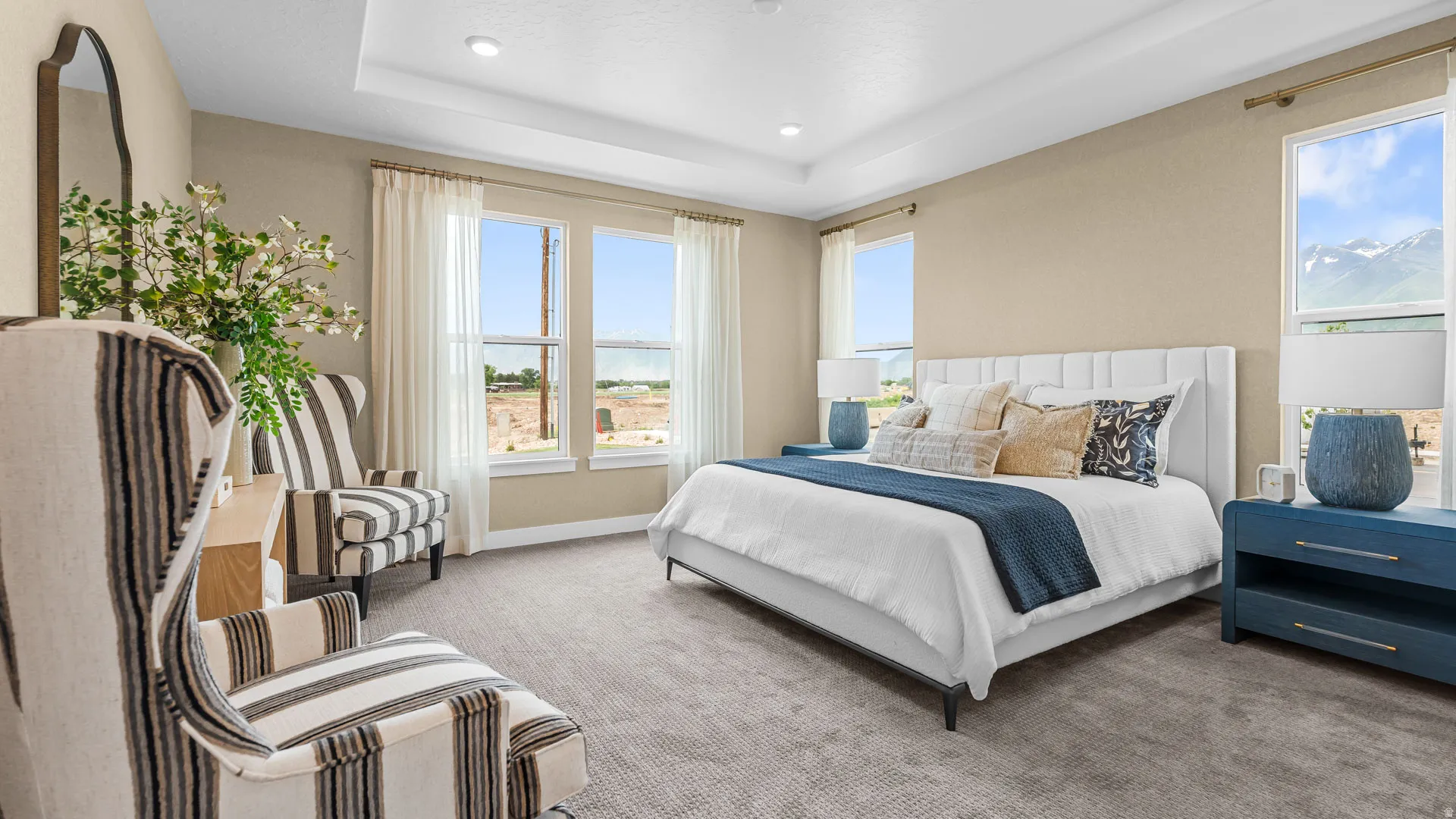 Recessed lighting, large windows, tray ceiling, neutral wall color, and carpeted flooring