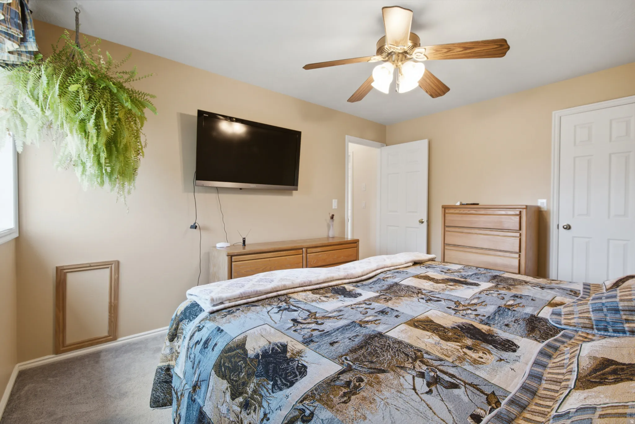 Carpeted room with a ceiling fan, walk in closet and light fixture