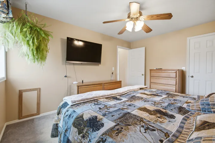Carpeted room with a ceiling fan, walk in closet and light fixture