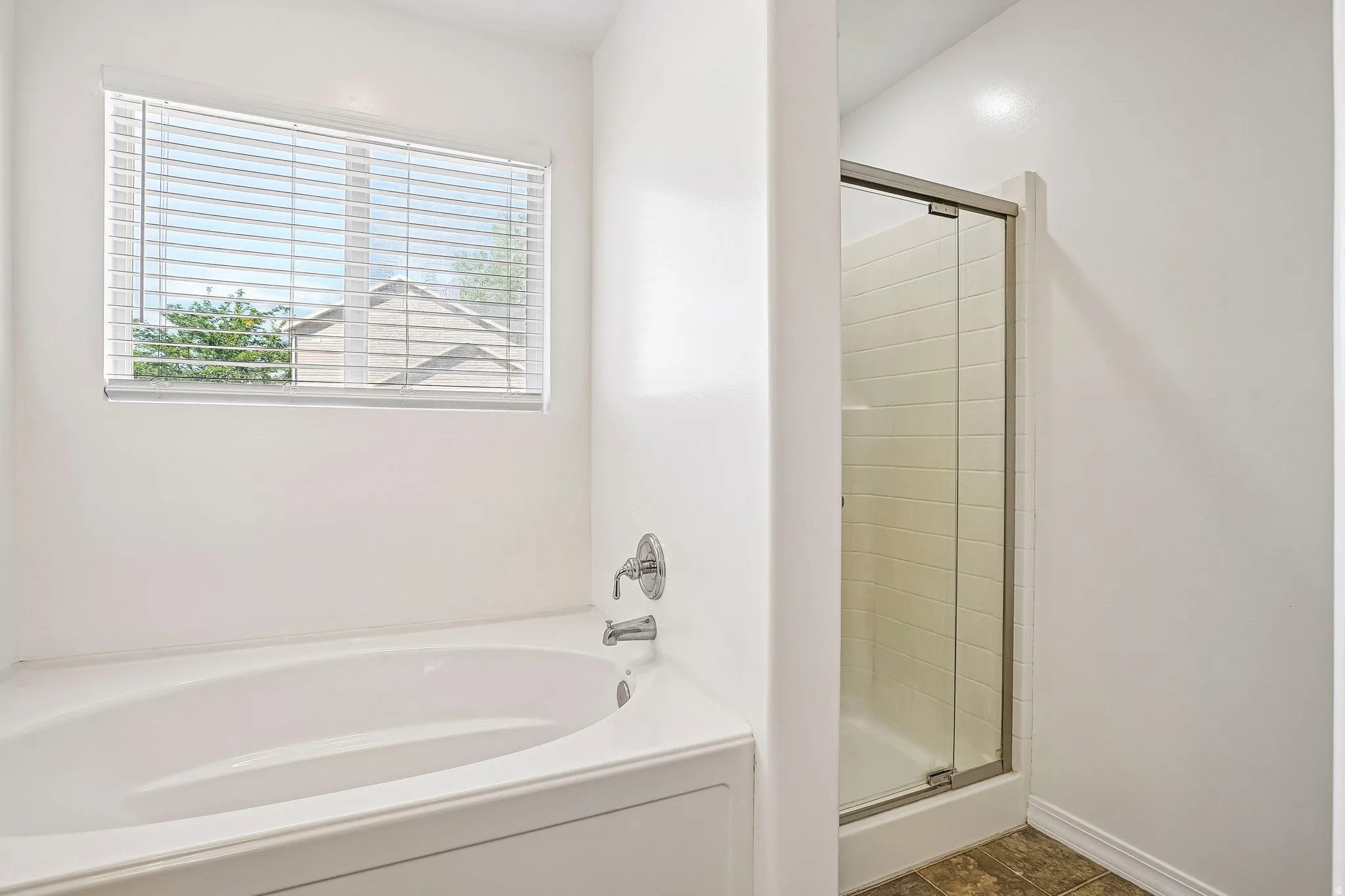 Soaking tub and glass-enclosed shower with tile surround