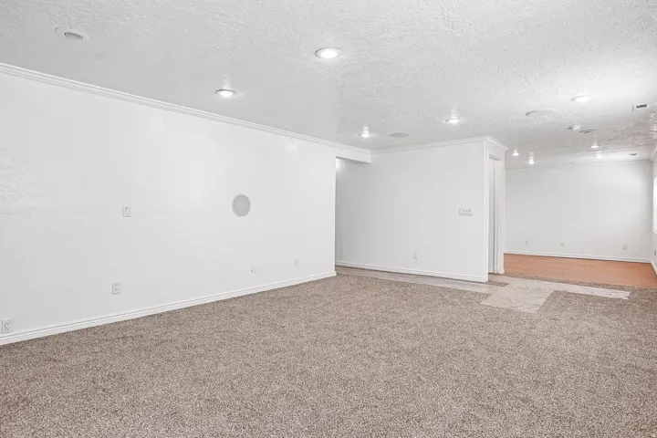 Recessed lighting, crown molding, white walls, carpeted flooring, and wood-finish flooring