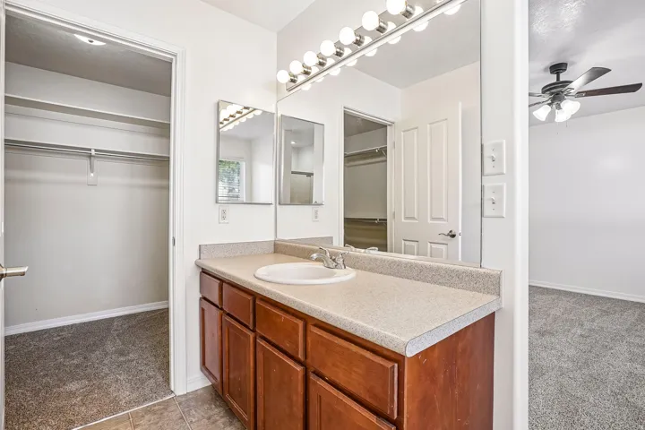 Bathroom vanity with a single basin sink, wood-finish cabinetry, and a light-colored countertop