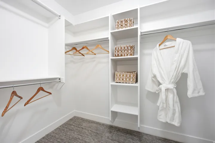 Built-in shelving, white walls, clothes hanging rods, and carpet flooring