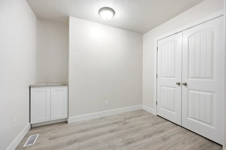 Wood-finish flooring, white walls, built-in cabinetry with a stone countertop, and two paneled doors with arch details