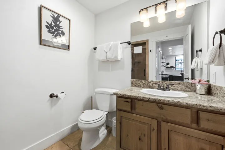 Vanity with stone countertop and integrated sink, wood-finish cabinetry, and contemporary light fixture