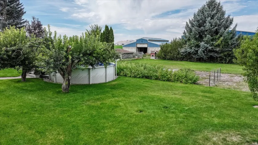 Expansive lawn area with mature trees, above-ground swimming pool, and distant agricultural buildings