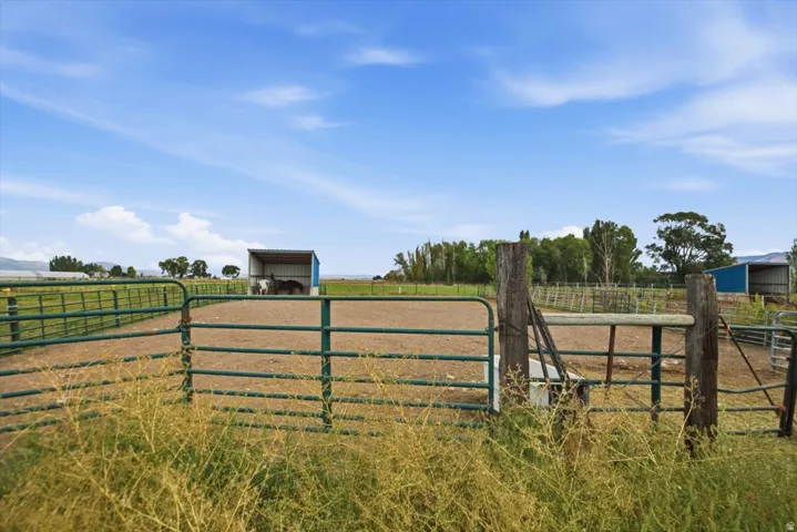 Fenced pasture with a covered shelter and additional outbuildings