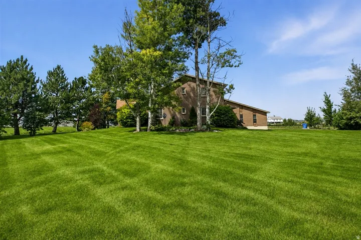 Expansive green lawn with a patterned cut, bordered by mature trees and a multi-level exterior