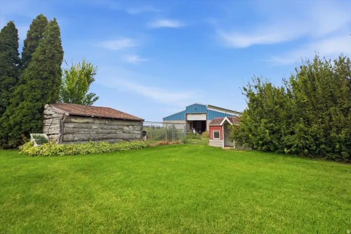Expansive manicured lawn anchored by mature evergreen and deciduous trees, with rustic log structure and red barn featuring green metal roof and attached outbuildings, set against open pastoral grounds