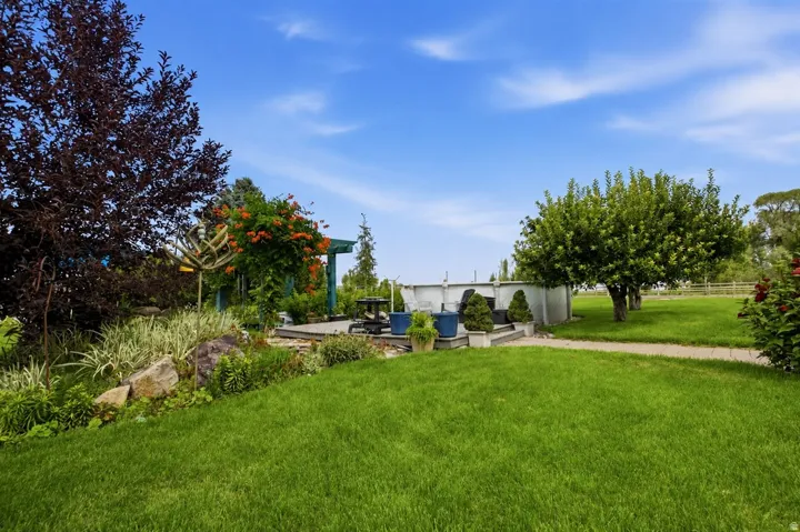 Expansive lawn with mature trees and established landscaping