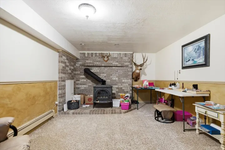 Brick-clad fireplace with wood-burning stove, wall-to-wall carpeting, and wood-finish wainscoting
