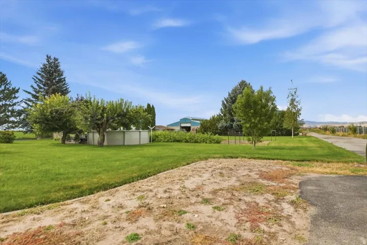 Expansive green lawn, mature trees, and a paved driveway leading to a distant structure