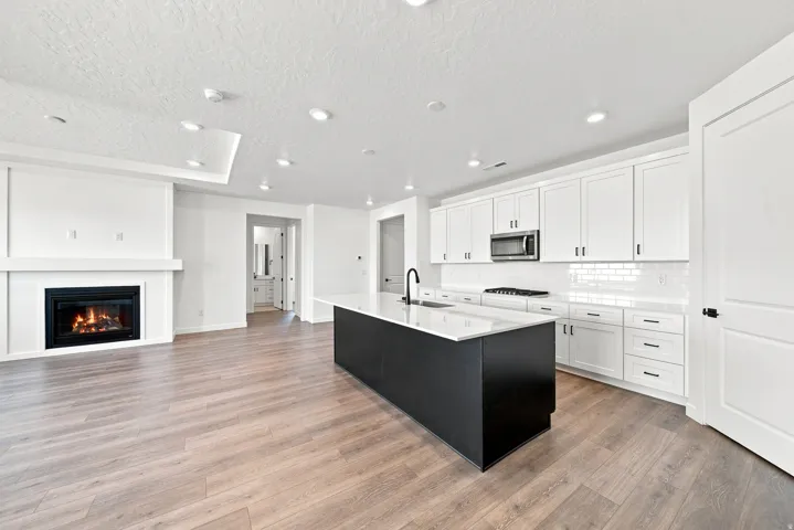 Open-concept living space with wood-finish flooring, a contemporary fireplace, and recessed lighting