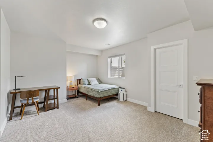 Recessed window with blinds, carpeted flooring, and a three-panel interior door
